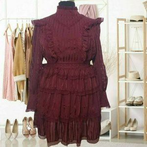 Latiste Amy Womens Burgundy Sheer Long Sleeve Layered Ruffle Zip Dress 1X